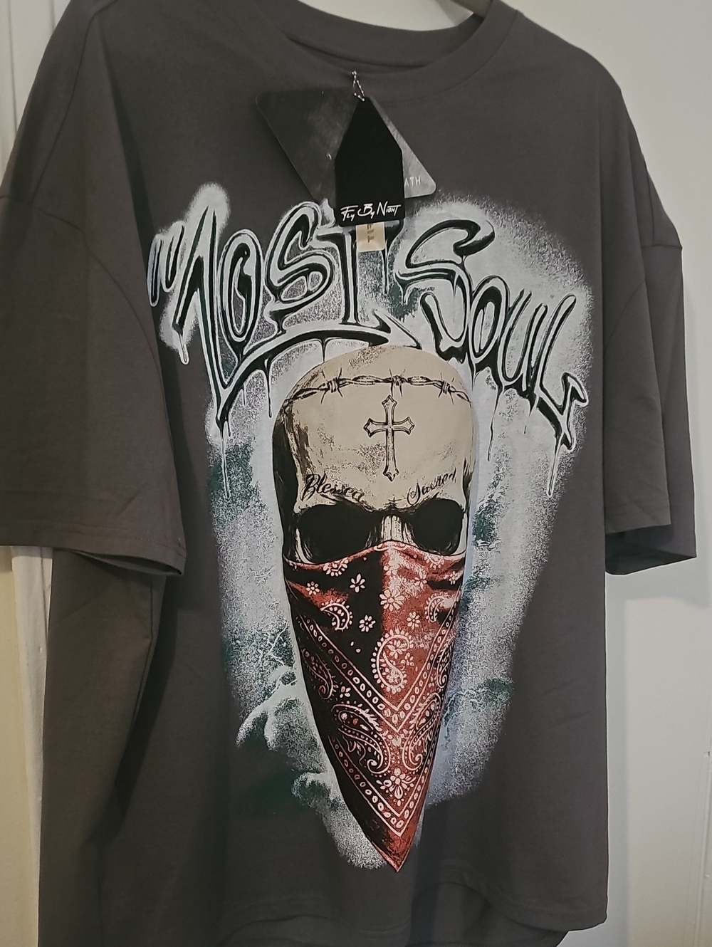 Graphic Skull Tee with Red Bandana - Gray